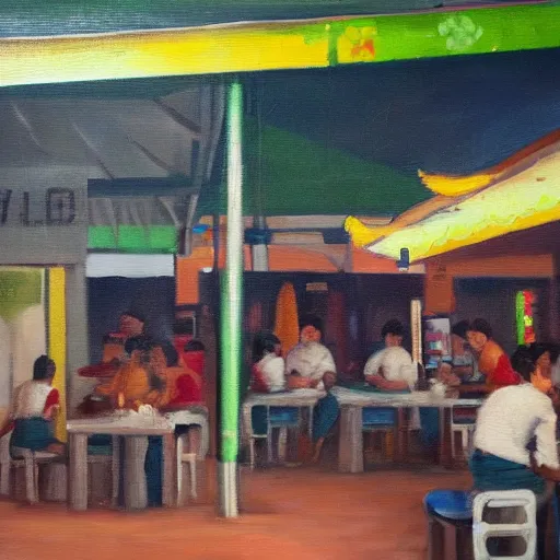 Image similar to an oil painting of a hawker centre