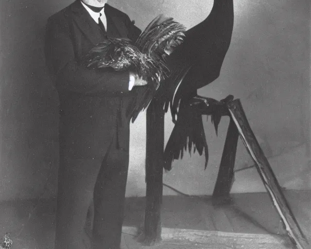 Image similar to early 1 9 0 0 s photo of a man in a suit next to a colossal black taxidermied bird, black and white, newspaper clipping