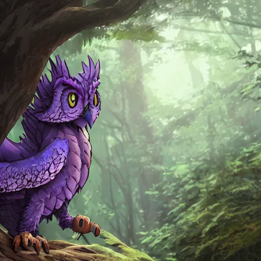 Prompt: concept art painting of an anthropomorphic purple gray dragon owl creature, in the deep forest, realistic, detailed, cel shaded, in the style of makoto shinkai and greg rutkowski and james gurney