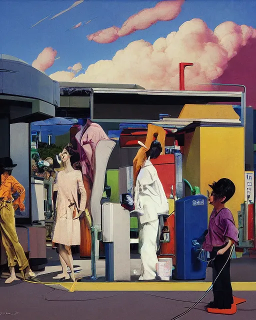 Prompt: square people conversing at a gas station with large oxygen tank in the style of Francis Bacon and Syd Mead and Norman Rockwell and Beksinski, open ceiling, highly detailed, painted by Francis Bacon and Edward Hopper, painted by James Gilleard, surrealism, airbrush, very coherent, triadic color scheme, art by Takato Yamamoto and James Jean