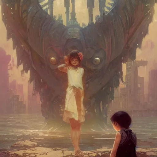 Prompt: an unimaginable artificial horror menacingly looms over a crouched, scared girl by stanley artgerm lau, greg rutkowski, thomas kindkade, alphonse mucha, loish, norman rockwell.
