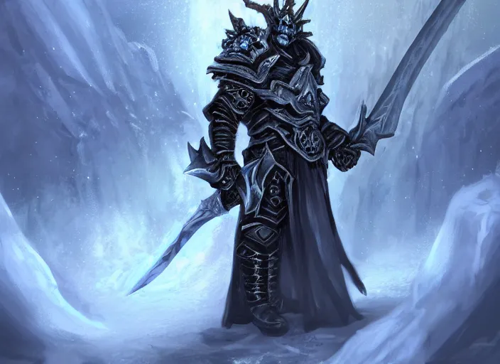 Image similar to the lich king with his mourneblade sitting on the frozen throne artwork by mendoza eddie, trending on artstation