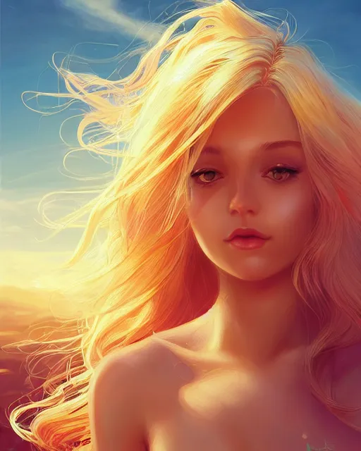 Image similar to summer vibes, beautiful sun goddess, flowy yellow golden hair, sun, summer, cinematic lighting, highly detailed, digital painting, trending on artstation, pixiv, concept art, sharp focus, illustration, art by ross tran and wlop