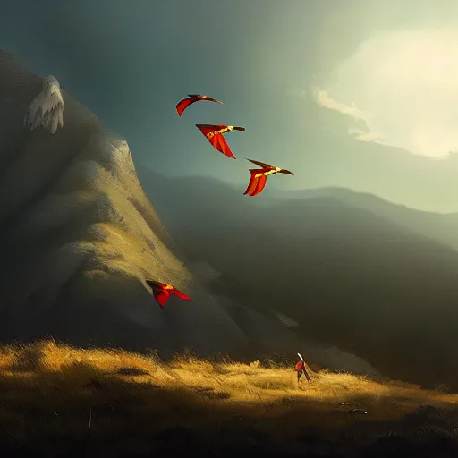 Image similar to milano bird, milvus milvus, kite, flying in avila mountains, 4 k, concept art, by wlop, ilya kuvshinov, artgerm, krenz cushart, greg rutkowski, pixiv. cinematic dramatic atmosphere, sharp focus, volumetric lighting, cinematic lighting, studio quality