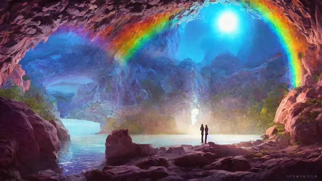 Prompt: inside a intricate rainbow crystal cave there was a lake, filled by the light of a beautiful silver moon, and over it was the sky, dynamic lighting, cinematic lighting, lit by moonlight, by krenz cushart and ilya kuvshinov and artgerm, unreal engine, featured on artstation, ultrawide angle, polarizer filter : 1 0