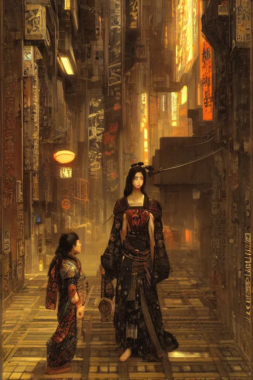 Image similar to cyberpunk ancient japanese city, orientalist intricate portrait by john william waterhouse and edwin longsden long and theodore ralli and nasreddine dinet, hyper realism, dramatic lighting