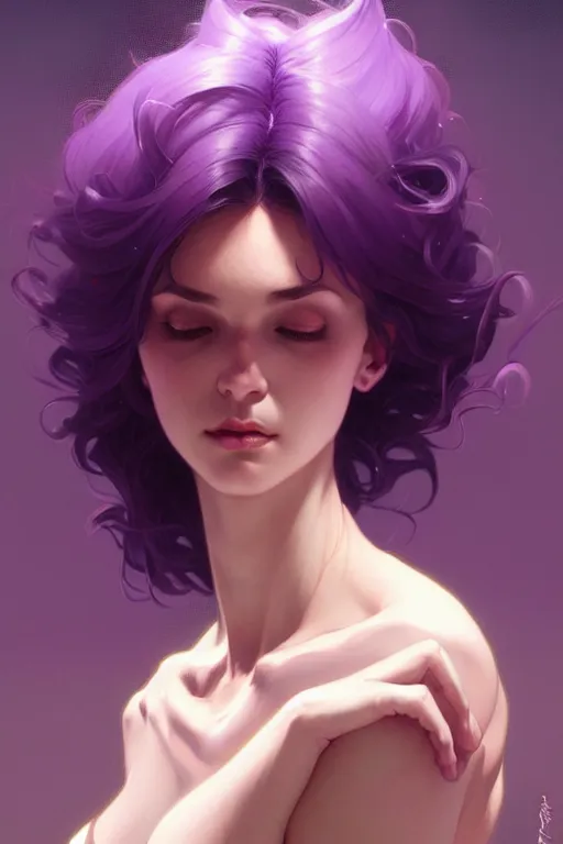 Image similar to Background Purple hair, intricate, elegant, highly detailed, digital painting, artstation, concept art, smooth, sharp focus, illustration, art by artgerm and greg rutkowski and alphonse mucha