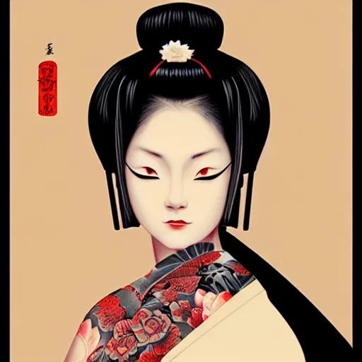 Image similar to an android geisha in a lotus position wearing a flowing kimono and tattoos, artwork by ilya kuvshinov