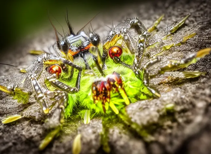 Image similar to super macro of a diamond spider with big eyes sitting on a flower, in the forest. fantasy magic style. highly detailed 8 k. intricate. nikon d 8 5 0 3 0 0 mm. award winning photography.