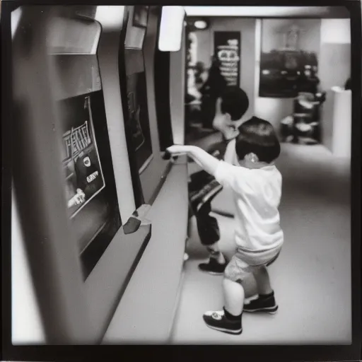 Prompt: a polaroid photo from 2 kids playing street fighter 2 at a mall arcade set in 1 9 9 2, photography, 3 5 mm, polaroid, film