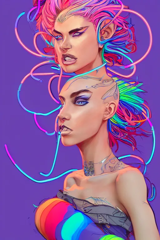 Image similar to a award winning portrait of a beautiful woman with stunning eyes in a one off shoulder croptop and cargo pants with rainbow colored hair, outlined by whirling illuminated neon lines and fine lines swirling in circles by jesper ejsing, digital art, trending on artstation