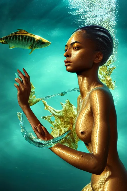 Image similar to hyperrealistic precisionist cinematic half underwater scene with fish and algae, very expressive! translucent elegant african goddess emerging from water, full body, gold jewerly, highly detailed face, digital art masterpiece, aykut aydogdu zener, dramatic volumetric light, long shot, low angle uhd 8 k, sharp focus