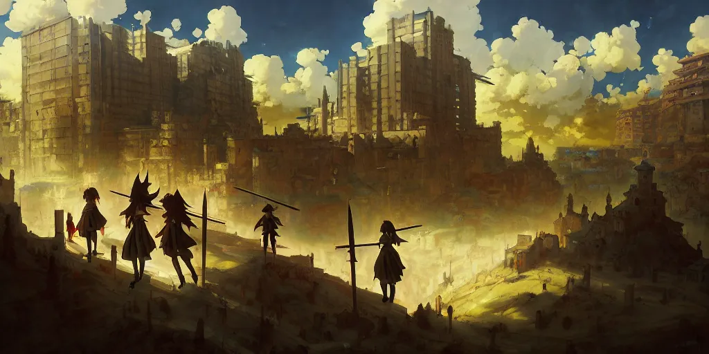 Image similar to baroque oil painting of anime key visual environment concept art of anime maids crusading in jerusalem, brutalist, dark fantasy, rule of thirds golden ratio, fake detail, trending pixiv fanbox, acrylic palette knife, style of makoto shinkai studio ghibli genshin impact jamie wyeth james gilleard greg rutkowski chiho aoshima