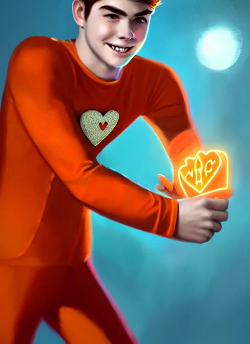 Prompt: friendly teenage archie andrews wearing an orange superhero costume with heart logo, freckles, pureheart the powerful, heart emblem on chest, cape, intricate, elegant, glowing lights, highly detailed, digital painting, artstation, sharp focus, illustration, art by wlop, mars ravelo and greg rutkowski