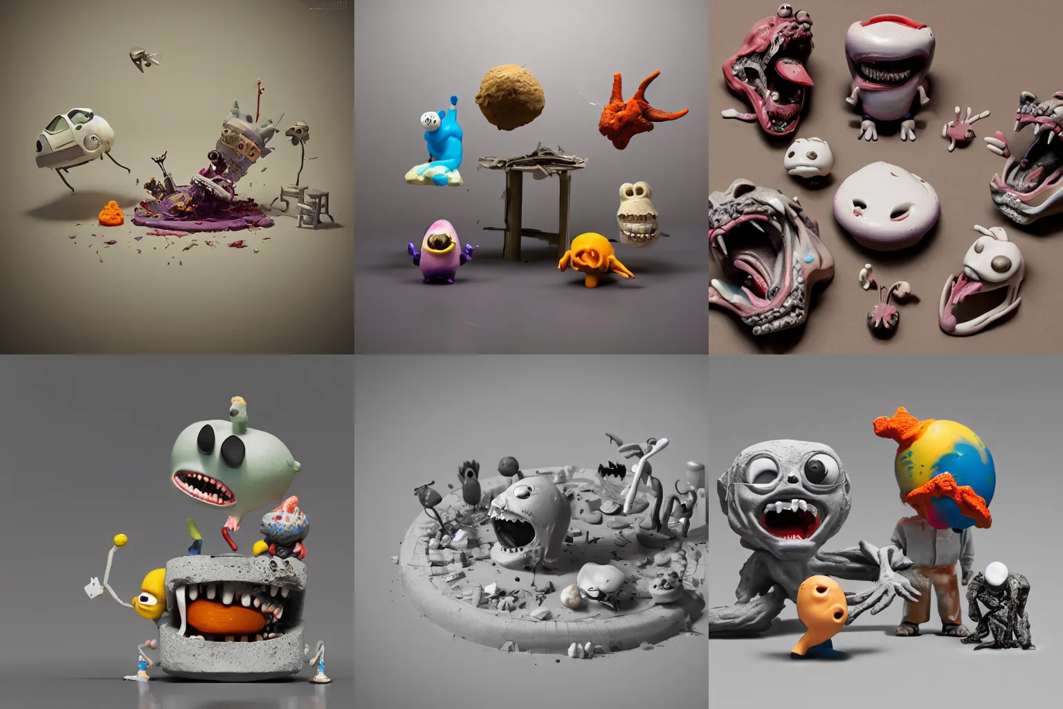 Prompt: dissection of happy, angry screaming with tongue out ceramic exploding crash miniature toy resin Figure clay animal architecture falling apart 8K, c4d, 3d primitives, in a Studio hollow, surrounded by flying parts, explosion drawing, by pixar, beeple, by jeff koons, blender donut tutorial, frank zappa