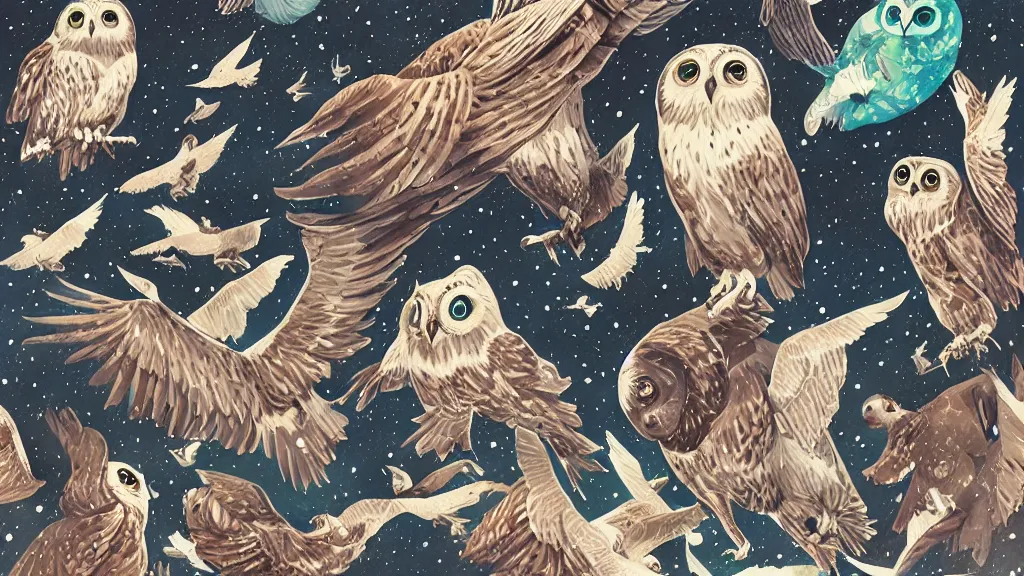 Image similar to very detailed, ilya kuvshinov, mcbess, rutkowski, watercolor illustration of owls flying at night, colorful, deep shadows, astrophotography, highly detailed