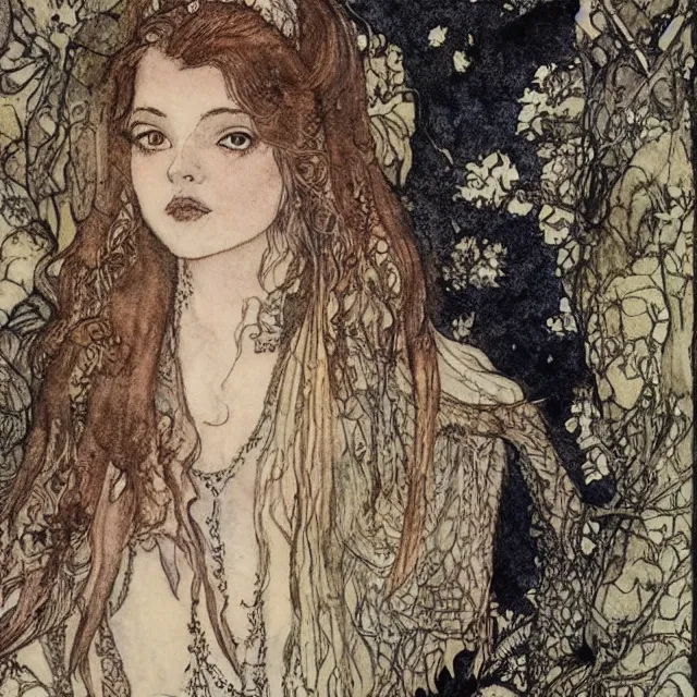 Image similar to a detailed, intricate watercolor and ink portrait illustration with fine lines of young 1 4 year old scarlett johannson looking over her shoulder as a fairytale princess, by arthur rackham and edmund dulac and lisbeth zwerger