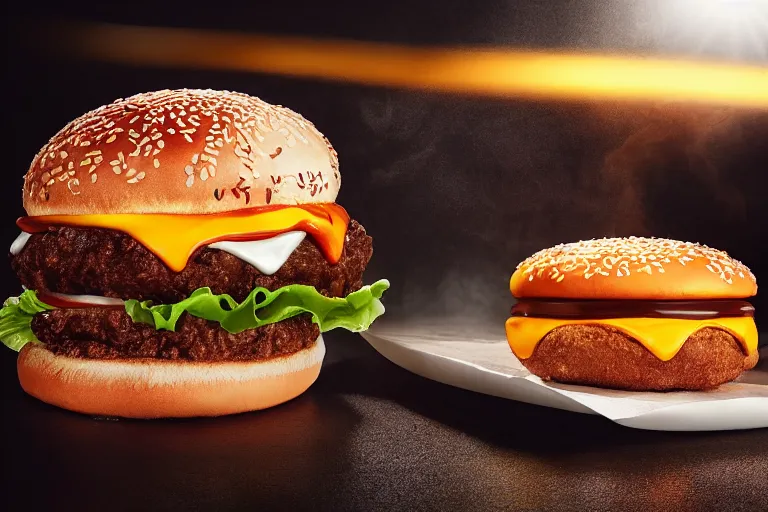 Image similar to mcdonalds hamburger on fire, commercial photography