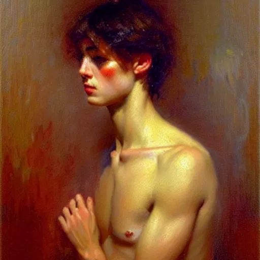 Prompt: beautiful oil portrait painting of androgynous person by gaston bussiere