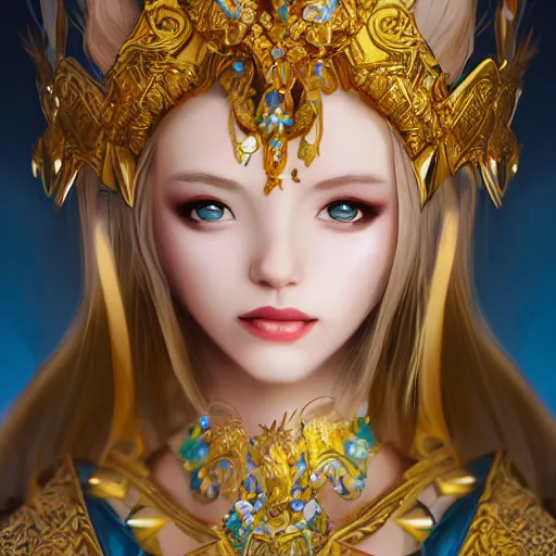 Prompt: a photographic portrait of an heroïc fantasy 30 years old princess with a deep blue saphire and gold diadem by Zhang Jigna, canon 50mm, artstation