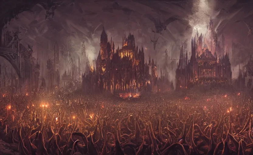 Image similar to a dark metal band performing in a castle with a battle mosh pit of werewolves and vampires, moebius, greg rutkowski, zabrocki, karlkka, jayison devadas, phuoc quan, trending on artstation, 8 k, ultra wide angle, video game graphics, realistic art, zenith view, cyberpunk pincushion lens effect