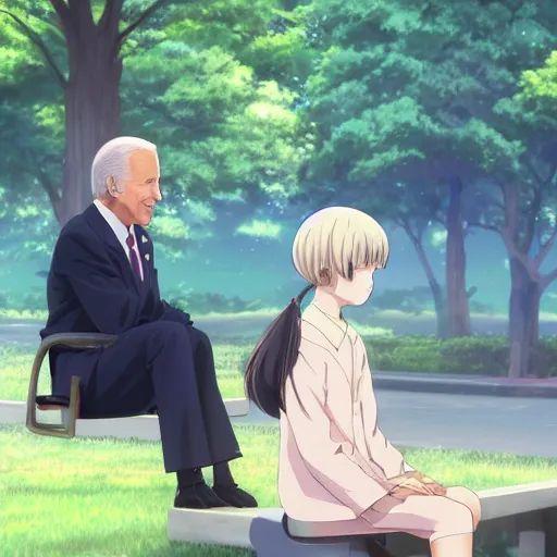 Image similar to photorealistic Joe Biden meets a beautiful smiling anime girl with black hair and hime cut sitting under a tree, anime key visual, digital art, anime screenshot, kyoto animation, makoto shinkai, trending on artstation