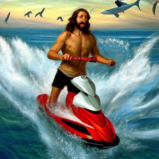 Prompt: Jesus riding a jetski being chased by sharks, painting by Jon McNaughton