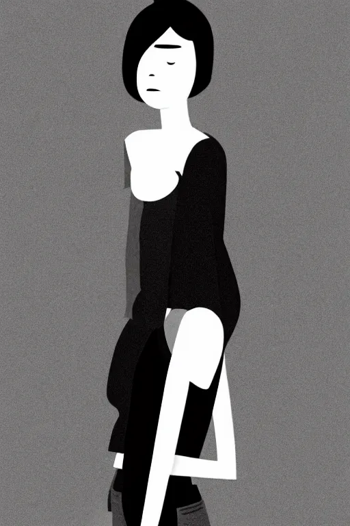 Image similar to portrait of a girl in long pants and a top, hands in pockets, eyes closed, bob haircut, digital art, black and white, illustration by roro kurotani