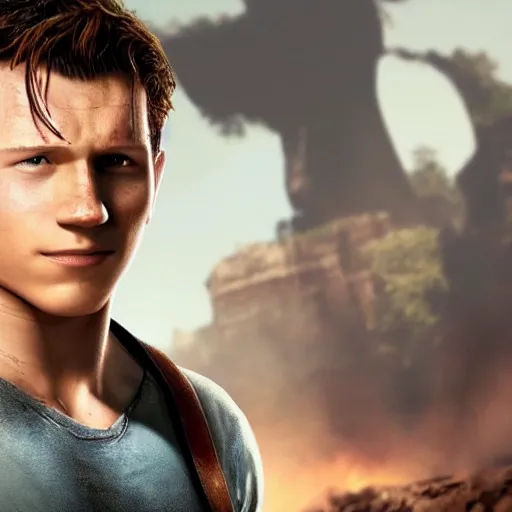 Prompt: tom holland as nathan drake from uncharted, cinematic lightning