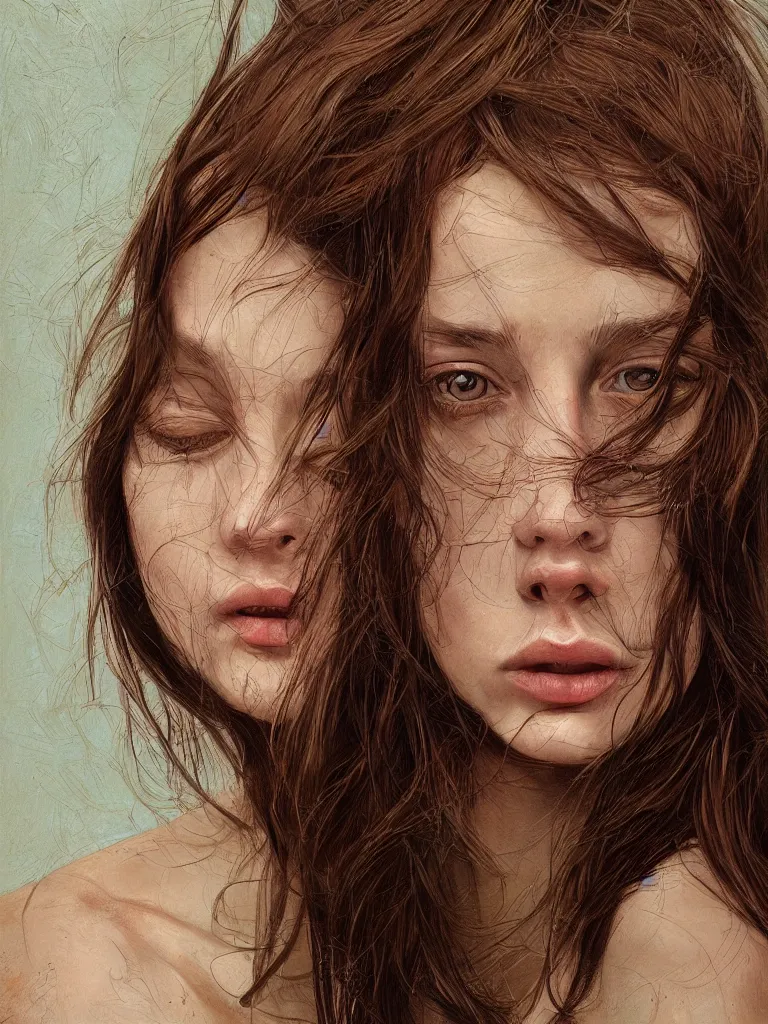 Prompt: A vertical portrait of a young woman with dark brown hair, hyper-detailed face, hyperrealism, natural colors, illustrated by Daniel Orive, Sam Spratt