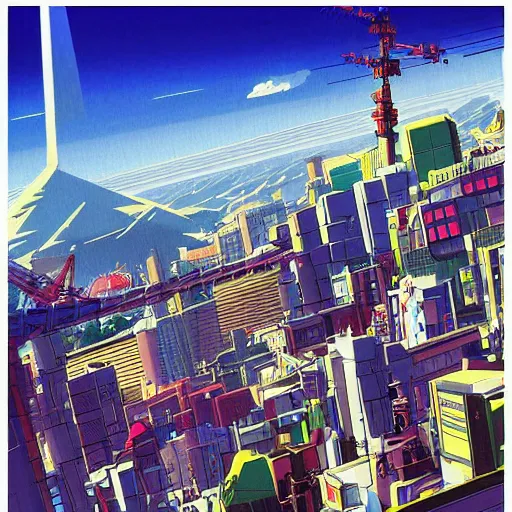 Image similar to futuristic city on a mountainside, red - yellow - blue buildings, city, cel - shaded, raytracing, cel - shading, toon - shading, 2 0 0 1 anime, flcl, jet set radio future, drawn by artgerm