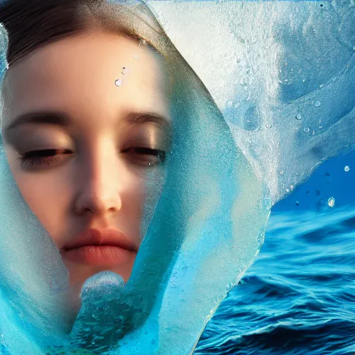 Image similar to water artwork manipulation in the shape of a human head, on the ocean water, ray tracing, realistic water sharp focus, long shot, 8 k resolution, cinematic, abstract water art