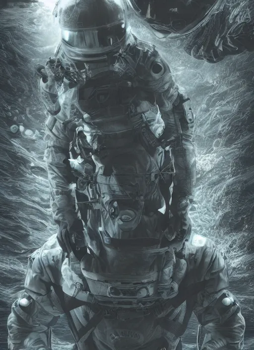 Image similar to astronauts in dark and empty void underwater - complex and hyperdetailed technical suit. reflection and dispersion materials. rays and dispersion of light. volumetric light. 5 0 mm, f / 3 2. noise film photo. flash photography. ultra realistic, wide angle. poster by wayne barlowe, hajime sorayama aaron horkey, craig mullins