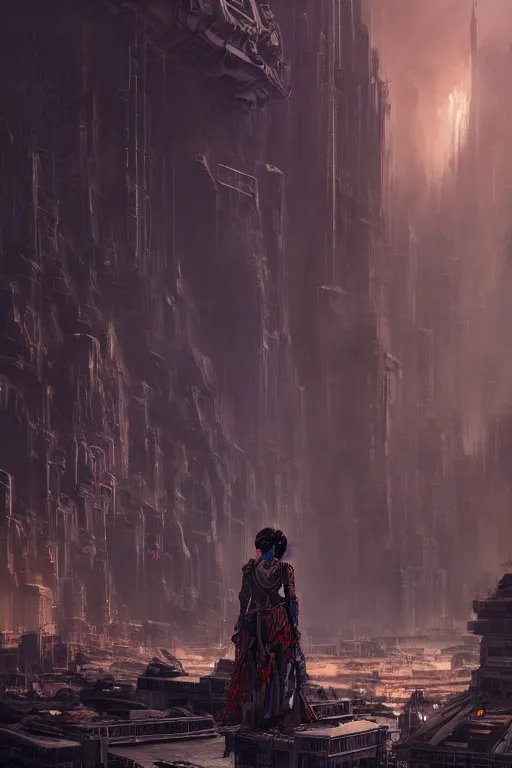 Prompt: a portrait of a small tribal women with sci-fi armour standing in the foreground of a mechanical city by Greg Rutkowski, Sung Choi, Mitchell Mohrhauser, Maciej Kuciara, Johnson Ting, Maxim Verehin, Peter Konig, final fantasy , mythical, 8k photorealistic, cinematic lighting, HD, high details, atmospheric,