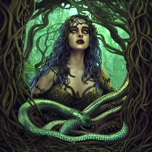 Image similar to dark queen of snakes, crown of vines, blue skin, realism, dark fantasy, surrounded by snakes in a twisted forest, octane render, artstation