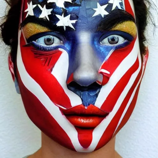 Image similar to a beautiful portrait sculpture designed by Sandra Chevrier, tribal head dress, American stars and stripes on face