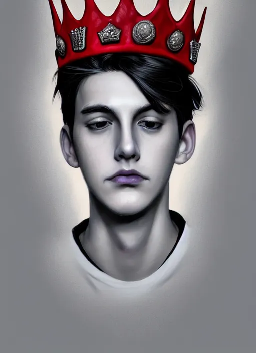 Image similar to portrait of teenage jughead jones wearing a light grey crown, photorealistic, crown, crown with badges on it, crown with red and white pin badge, eyes closed, crown, black hair, intricate, elegant, highly detailed, digital painting, artstation, concept art, smooth, sharp focus, illustration, art by wlop, mars ravelo and greg rutkowski