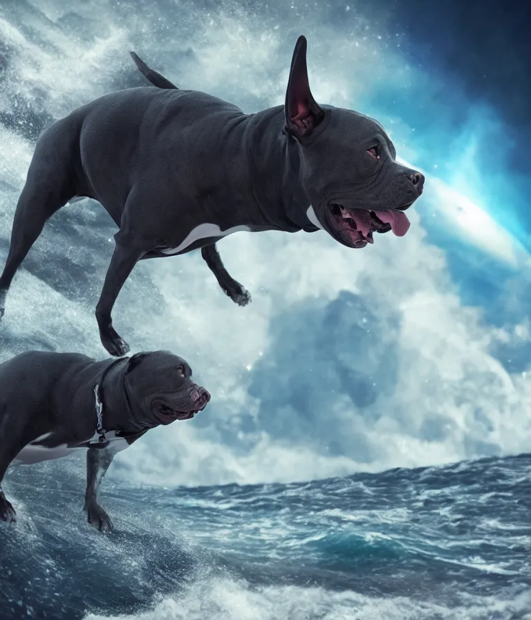 Image similar to photo of a dark gray coat pit bull with a white paws and a white nose!, surfing on a surfboard in a crashing wave of alien galaxy, trending on art station, ocean in space, background is an alien galaxy, aliens in the background, alien colors, octane render, unreal engine, wide view, 8 k, highly detailed