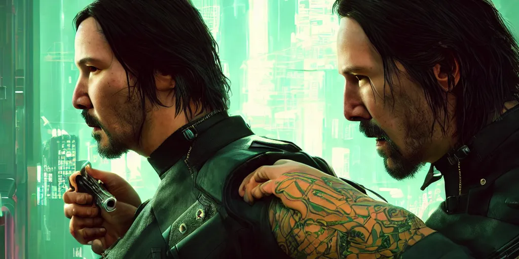 Prompt: a cyberpunk 2077 srcreenshot portrait of Keanu Reeves and V final kiss,love,film lighting,by Lawrence Alma-Tadema,Andrei Riabovitchev,Laurie Greasley,Dan Mumford,John Wick,Speed,Replicas,artstation,deviantart,FAN ART,full of color,Digital painting,face enhance,highly detailed,8K,octane,golden ratio,cinematic lighting