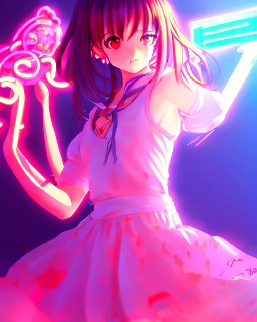 Image similar to anime style, vivid, expressive, full body, 4 k, painting, a cute magical girl idol with a long wavy hair wearing a dress, correct proportions, stunning, realistic light and shadow effects, neon lights, studio ghibly makoto shinkai yuji yamaguchi