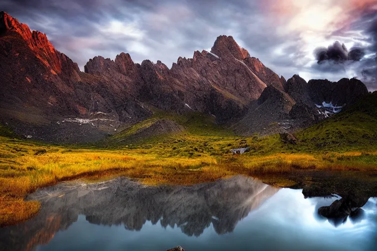 Image similar to beautiful landscape photo by marc adamus, mountains, tree in the foreground, dramatic sky,