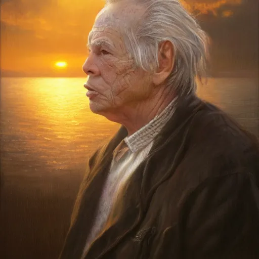 Prompt: portrait of elderly mickey rourke, sunset, gorgeous view, depth, painted by seb mckinnon, high detail, digital art, painted by greg rutkowski, trending on artstation