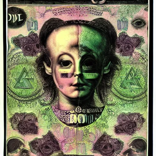 Image similar to post - punk new age album cover, asymmetrical design, dollar bank notes, capitalism, magic, apocalypse, psychedelic, black white pink, magic, giger h. r., giuseppe arcimboldo