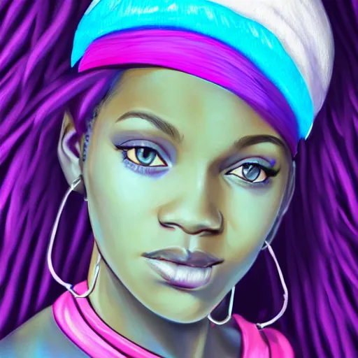 Prompt: a black teen girl with blue eyes, hoop earrings, bright pink hair and a purple hat, portrait, highly detailed, digital painting, artstation, concept art, sharp focus, illustration