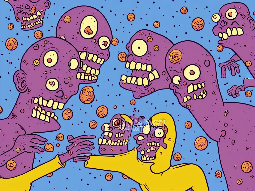 Image similar to happy zombies eating each other, floating in space, cartoon illustration, detailed