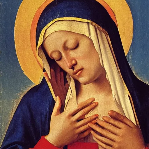 Image similar to original oil painting of mother mary crying tears by alessandro allori fra angelico