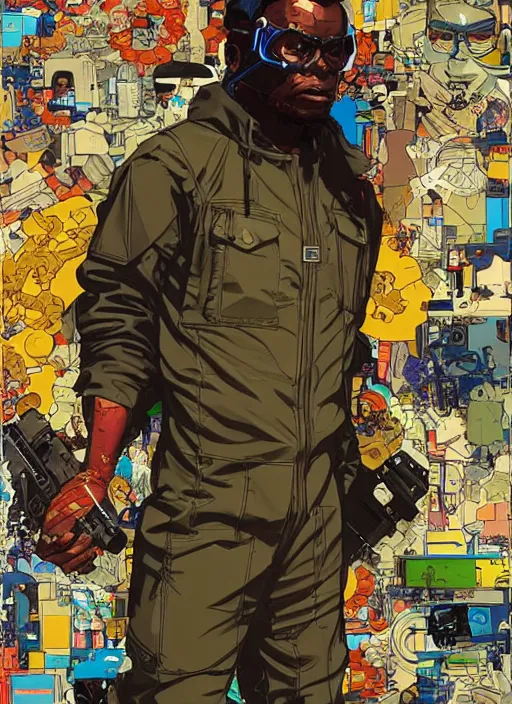 Image similar to chidi igwe. cyberpunk hacker in tactical jumpsuit. portrait illustration, pop art, splash painting, art by geof darrow, ashley wood, alphonse mucha, makoto shinkai