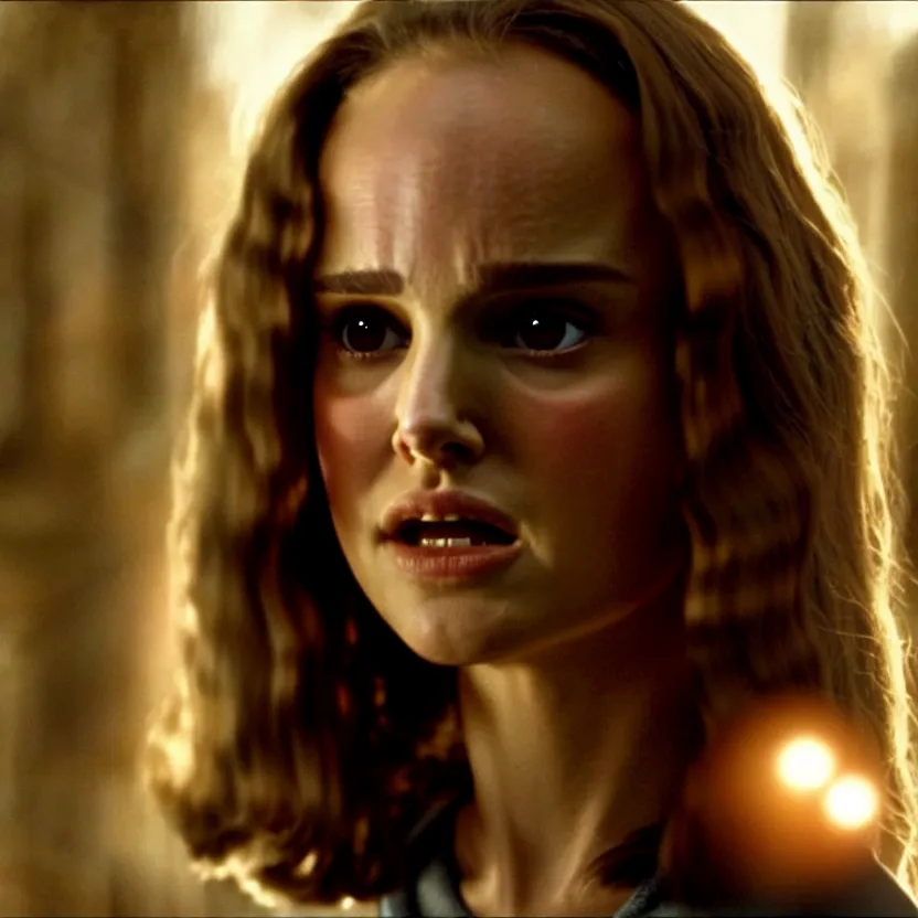 Image similar to natalie portman as hermione granger, ultra realistic, harry potter movie screenshot, cinematic, beautiful, sense of awe
