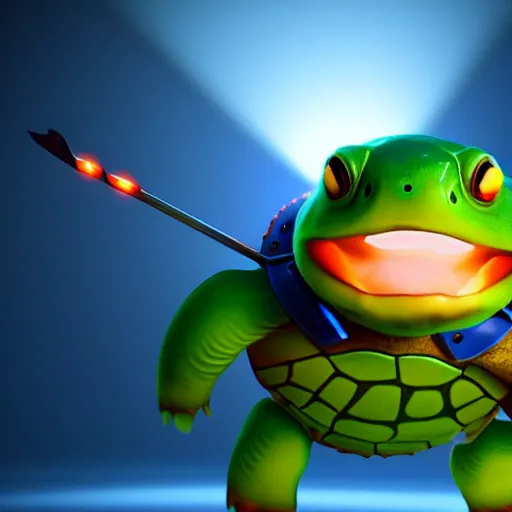 Image similar to a cute little chibi turtle with swords standing, dramatic led lights in blue and orange, unreal engine, 8k, pixar style