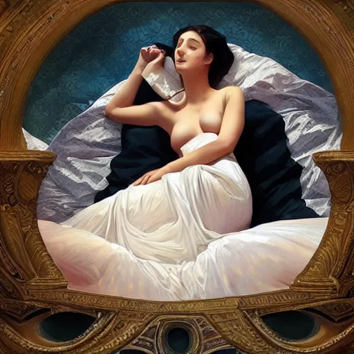 Image similar to a beautiful woman, ornately dressed, in a full body gown, lying upside down on a bed of pillows, portrait, digital painting, by artgerm, greg rutkowski, alphonse mucha, 3 d,